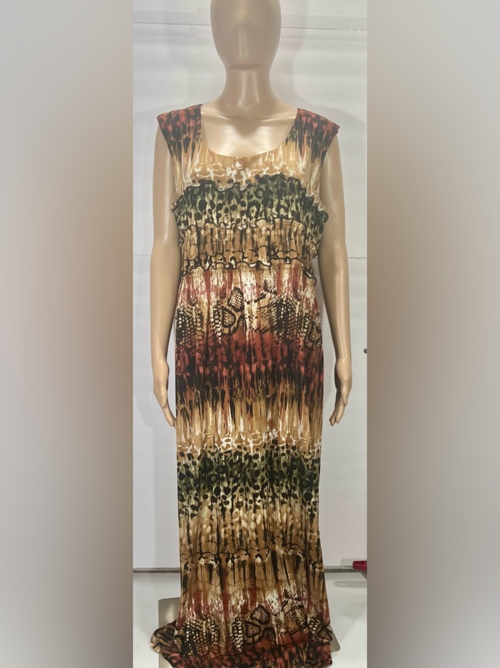 Roz & Ali Multicolor Animal Print Maxi Dress - Brown, Green, Red, Cream